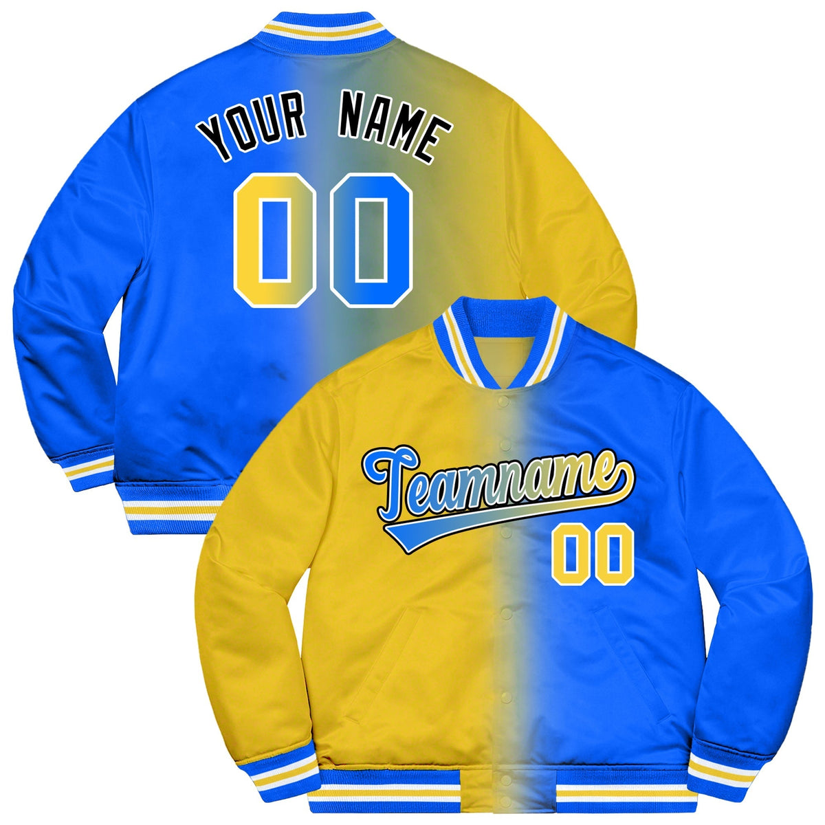 Custom Powder Blue Gold-Black Two Tone Gradient Fashion Varsity Baseball Jacket | KXKSHOP