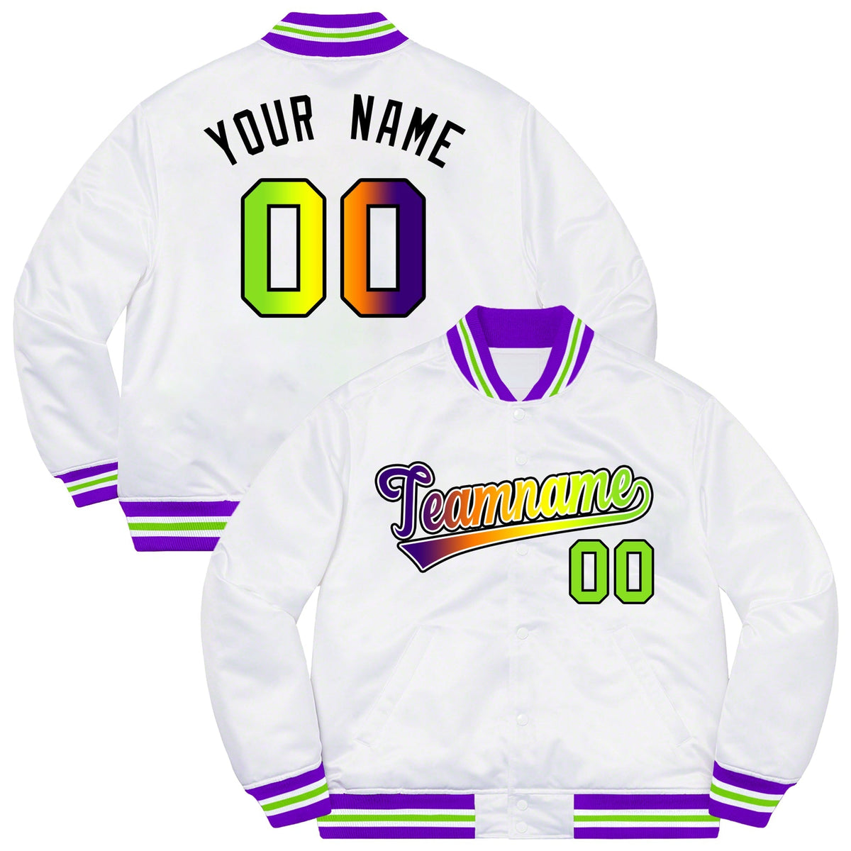 Custom White Purple-Black Solid Gradient Fashion Letterman Bomber Varsity Jacket | KXKSHOP