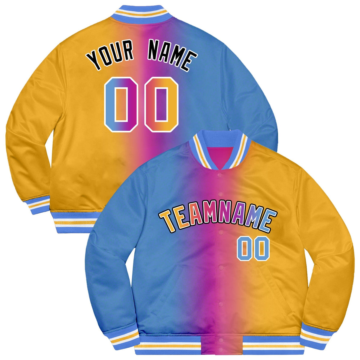 Custom Powder Blue Pink-Black Two Tone Gradient Fashion Full-Snap Letterman Jacket | KXKSHOP