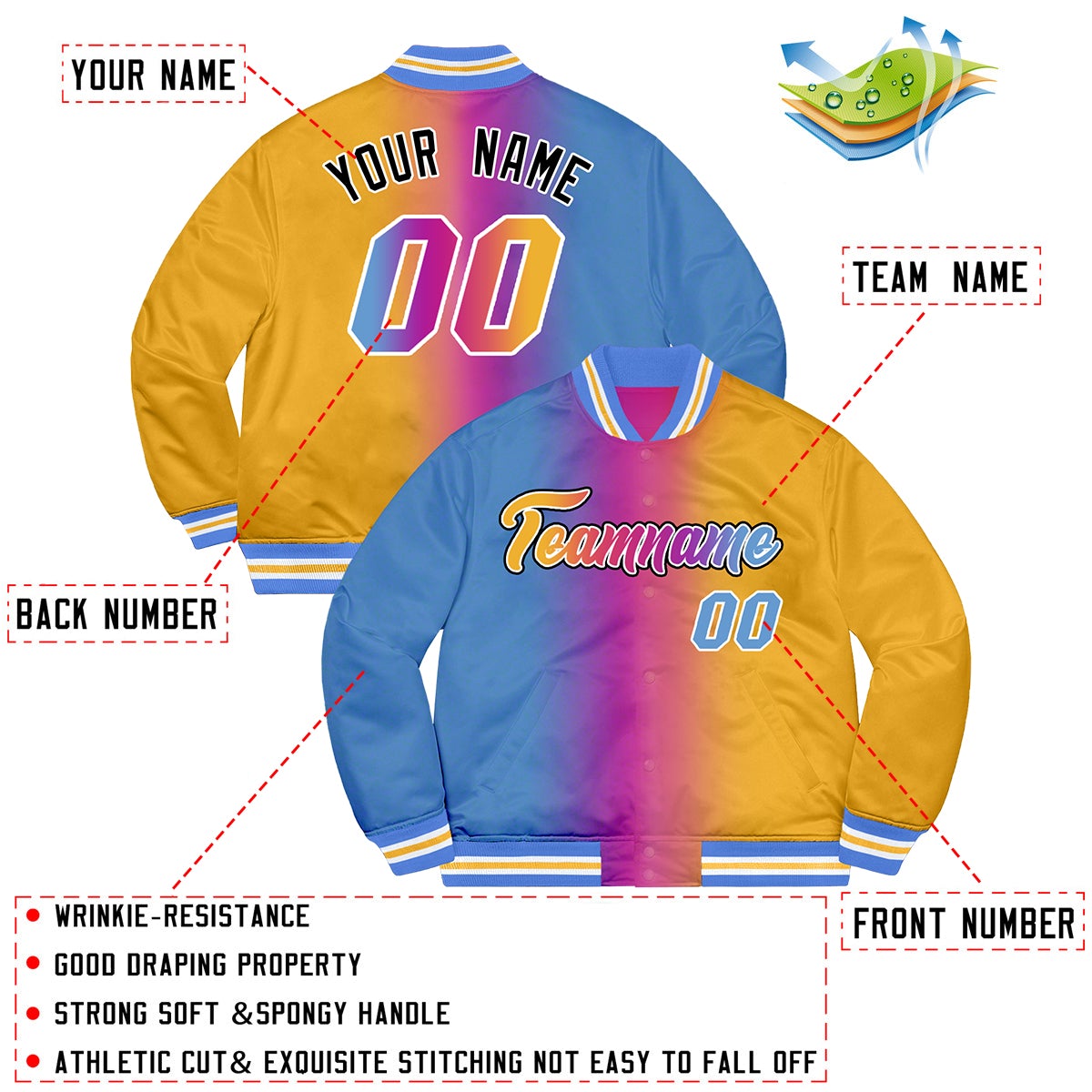 Custom Powder Blue Pink-Black Two Tone Gradient Fashion Full-Snap Letterman Jacket | KXKSHOP
