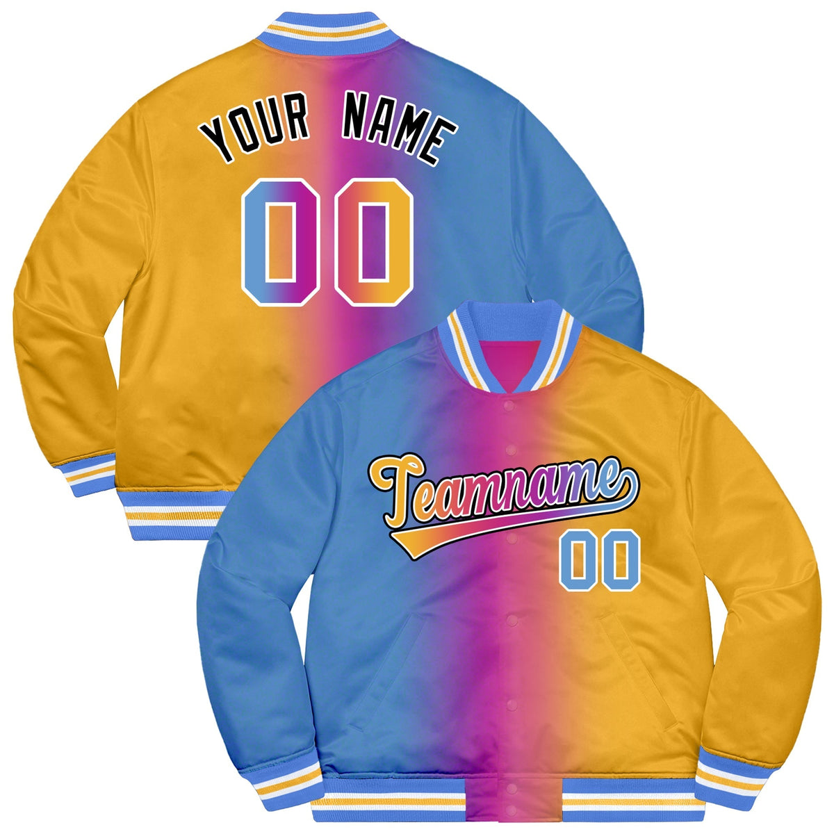 Custom Gold Powder Blue-Black Two Tone Gradient Fashion Letterman Bomber Varsity Jacket | KXKSHOP