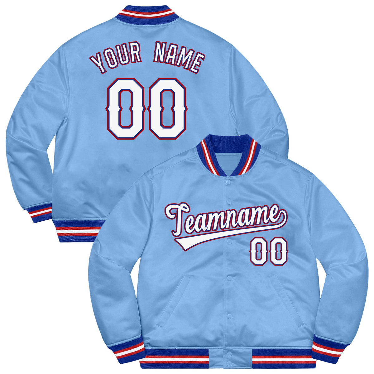 Custom Light Blue White-Red Letterman Solider Classic Style Varsity Full-Snap Jacket