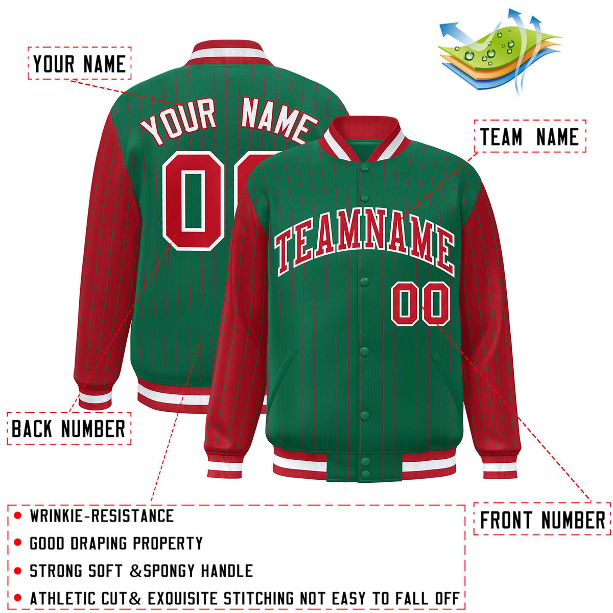 Custom Kelly Green Red Raglan Sleeves Varsity Full-Snap Pinstripe Letterman Baseball Jacket