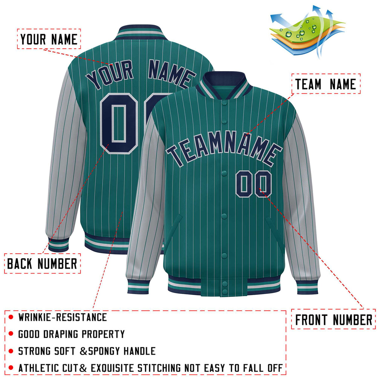 Custom Aqua Gray Raglan Sleeves Varsity Full-Snap Pinstripe Letterman Baseball Jacket