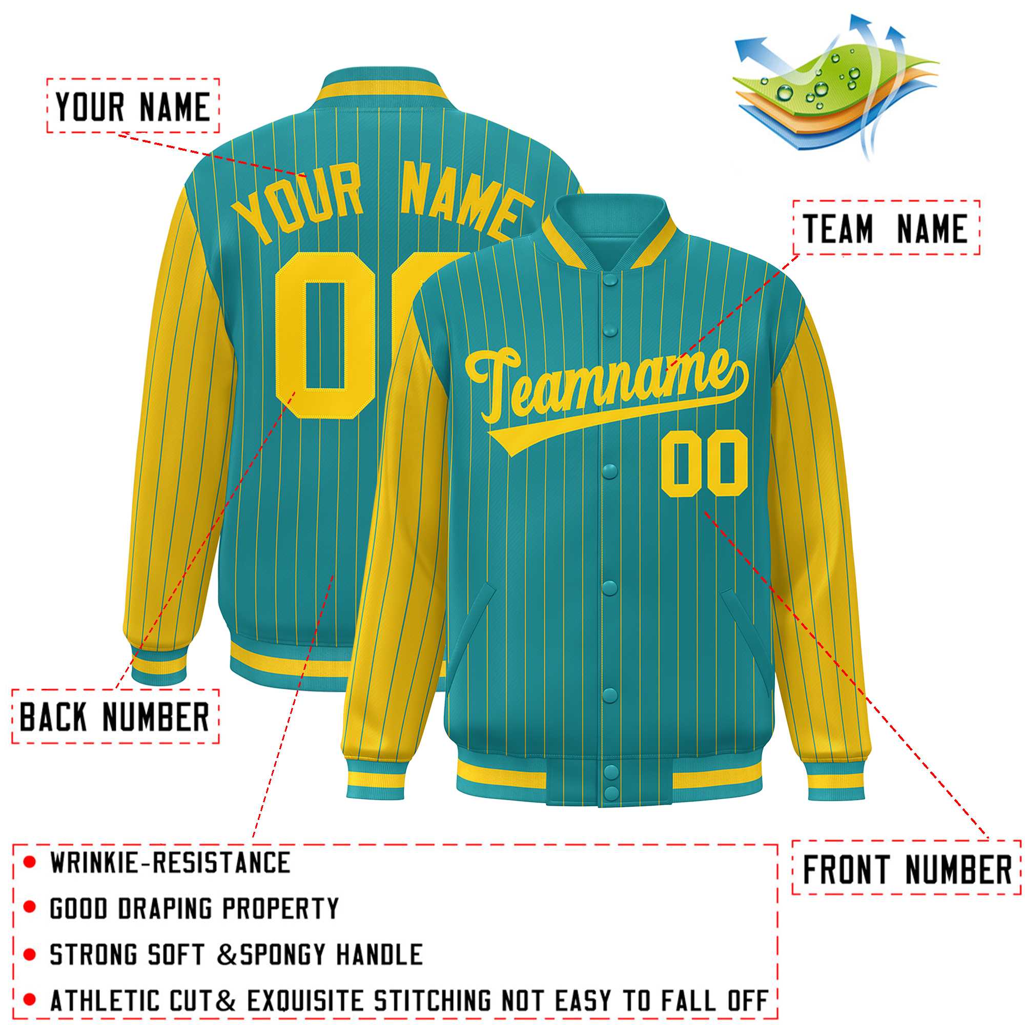 Custom Aqua Gold Raglan Sleeves Varsity Full-Snap Pinstripe Letterman Baseball Jacket