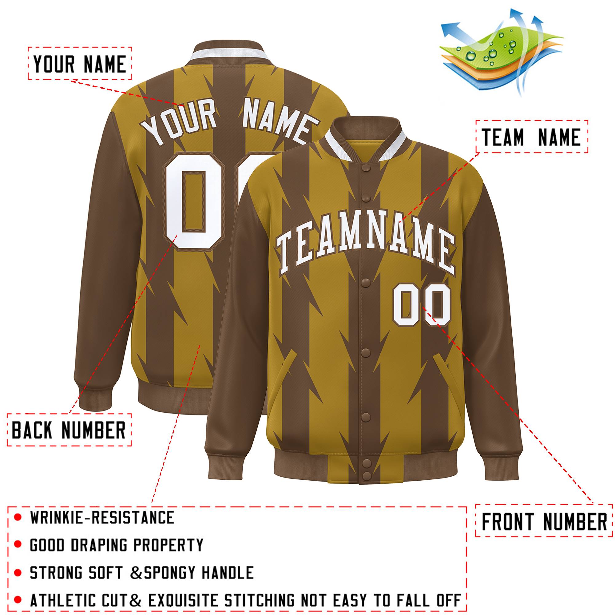 Custom Old Gold Old Gold Varsity Full-Snap Blade Pattern Raglan Sleeves Letterman Baseball Jacket