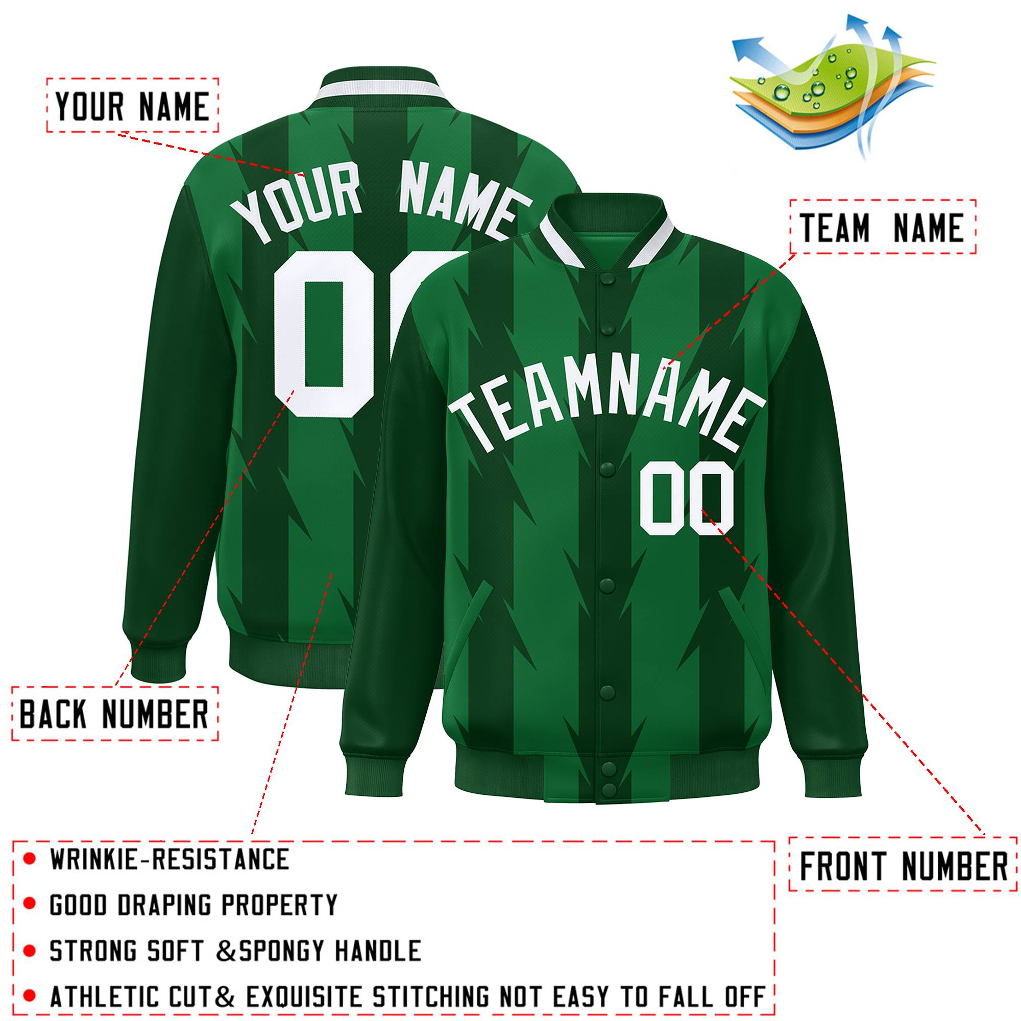 Custom Kelly Green Kelly Green Varsity Full-Snap Blade Pattern Raglan Sleeves Letterman Baseball Jacket