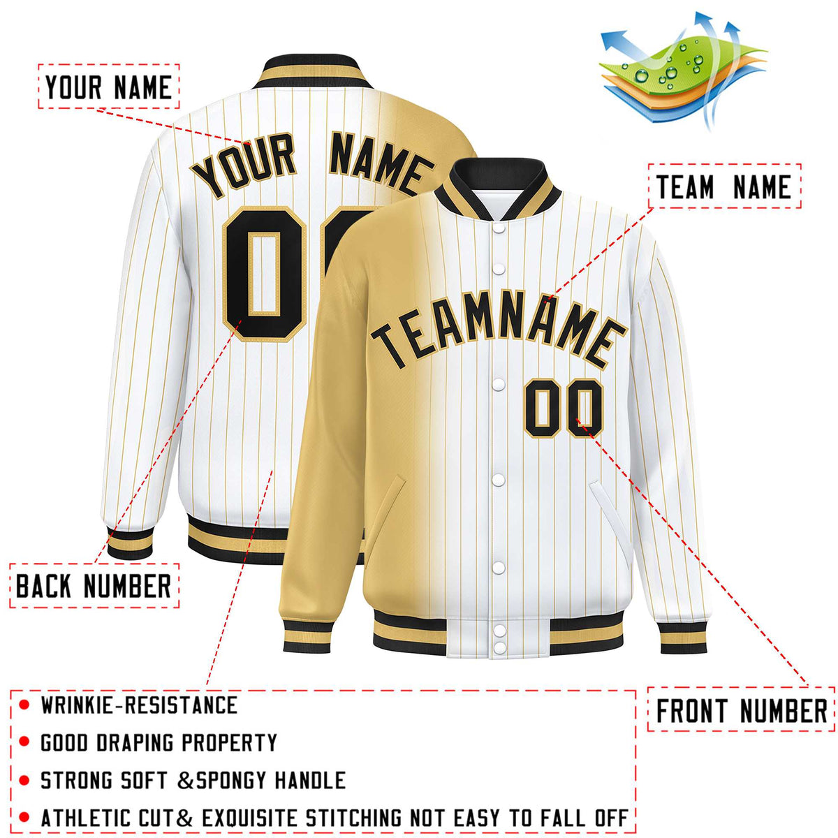 Custom White Old Gold Gradient Varsity Full-Snap Pinstripe Letterman Baseball Jacket