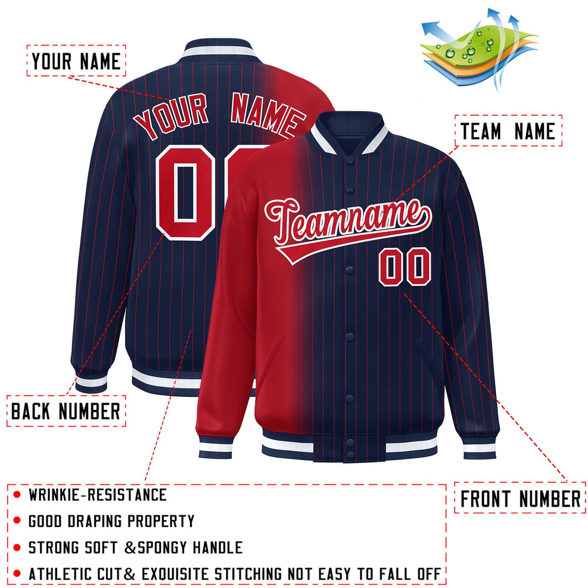 Custom Navy Red Gradient Varsity Full-Snap Pinstripe Letterman Baseball Jacket