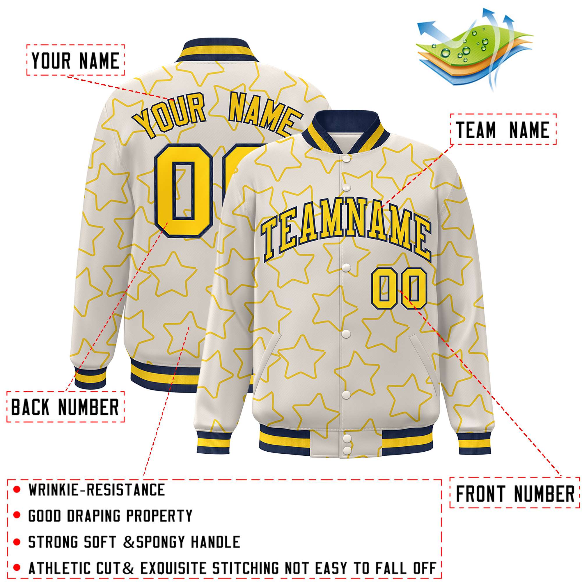 Custom Cream Gold Varsity Full-Snap Star Pattern Letterman Baseball Jacket