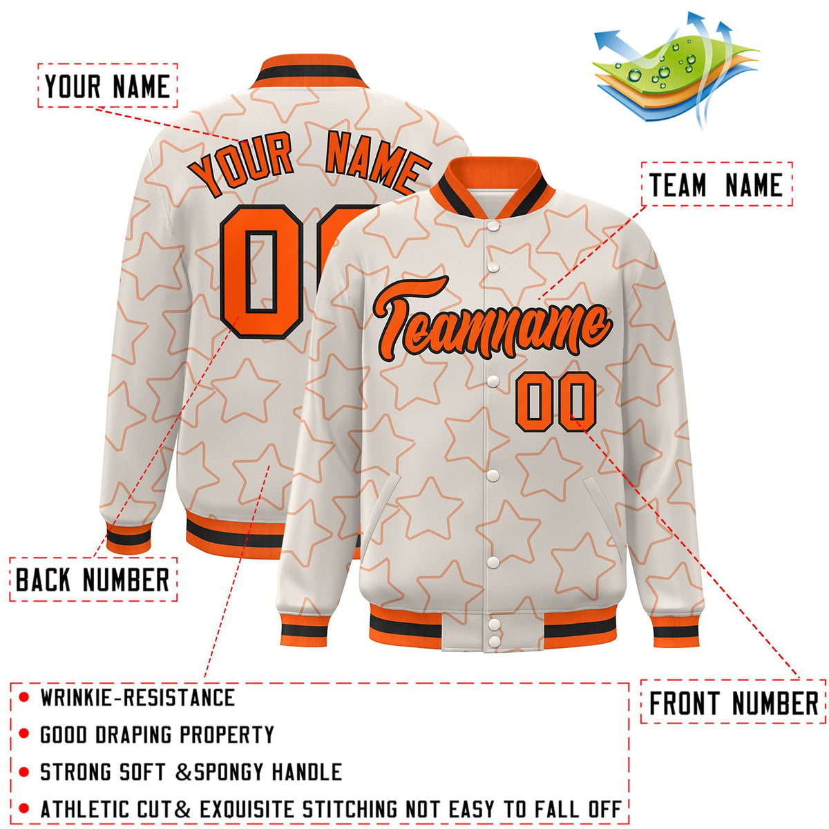Custom Cream Orange Varsity Full-Snap Star Pattern Letterman Baseball Jacket
