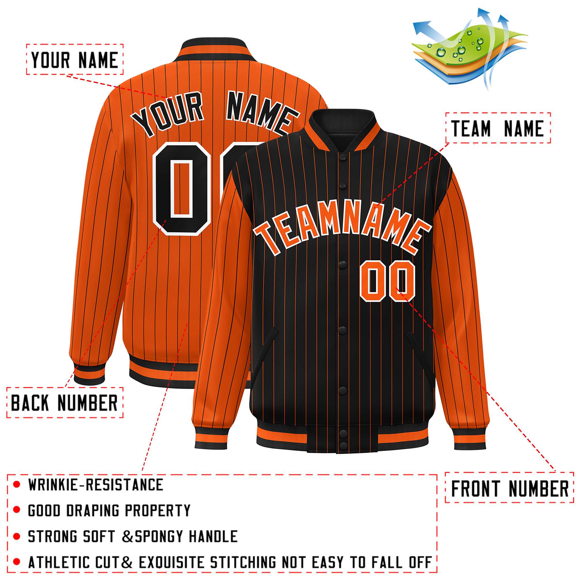 Custom Black Orange Raglan Sleeves Varsity Full-Snap Pinstripe Letterman Baseball Jacket