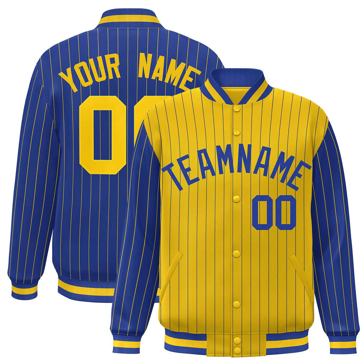 Custom Gold Royal Raglan Sleeves Varsity Full-Snap Pinstripe Letterman Baseball Jacket