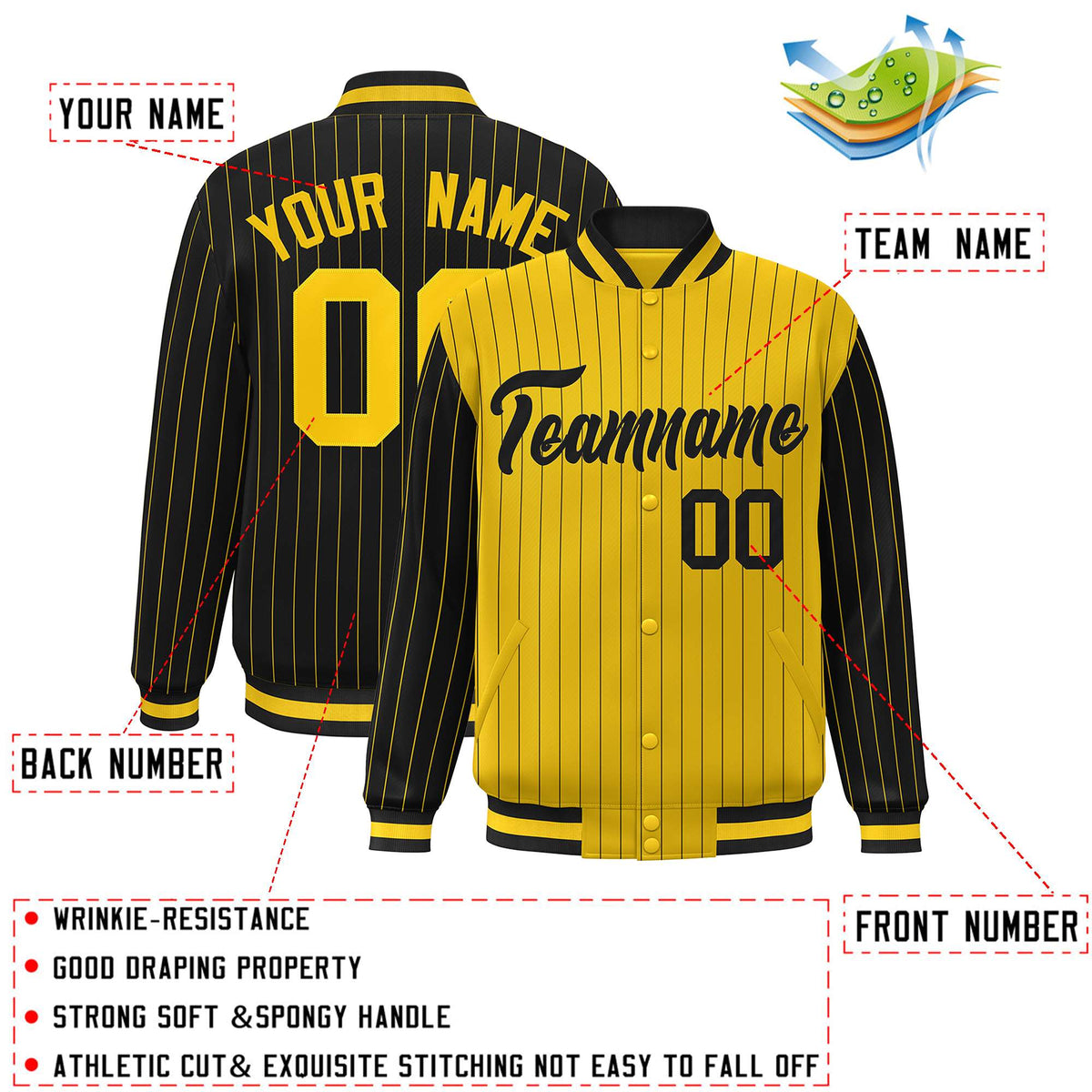 Custom Gold Black Raglan Sleeves Varsity Full-Snap Pinstripe Letterman Baseball Jacket