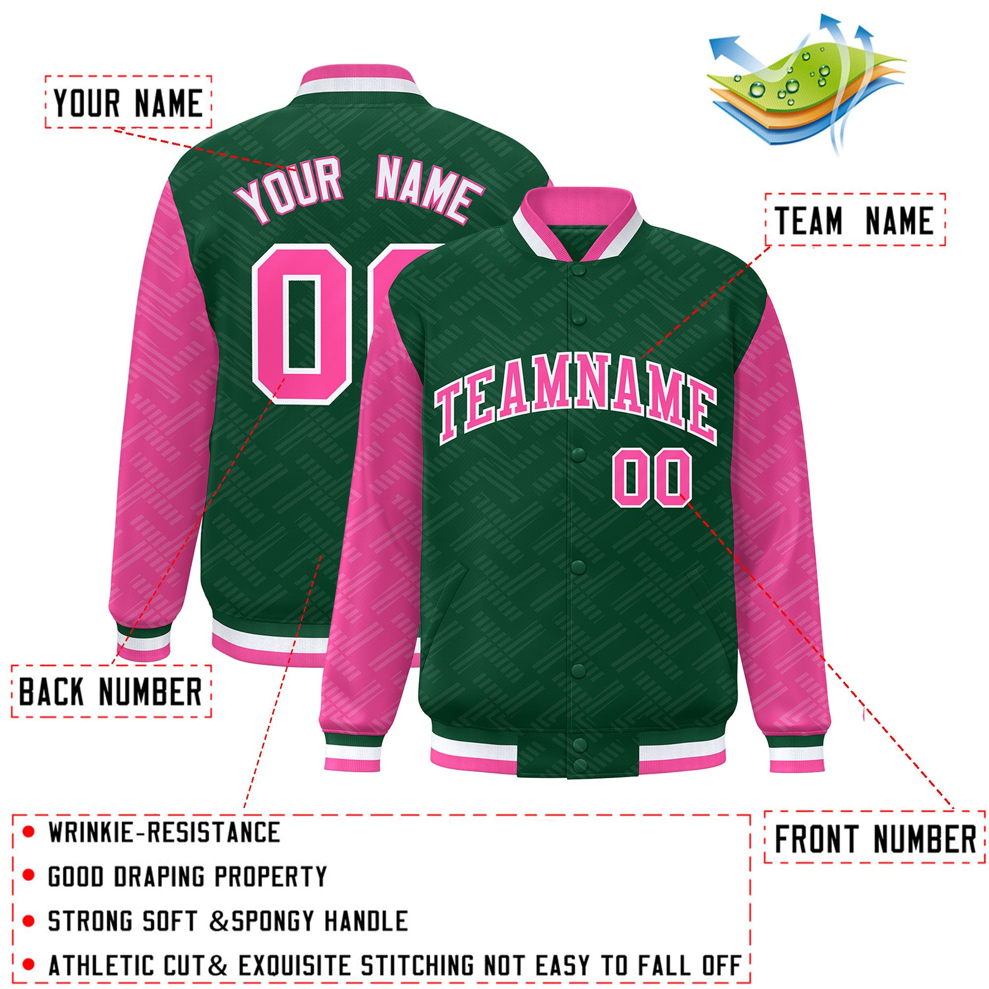 Custom Green Pink L Pattern Varsity Raglan Sleeves Full-Snap Letterman Baseball Jacket
