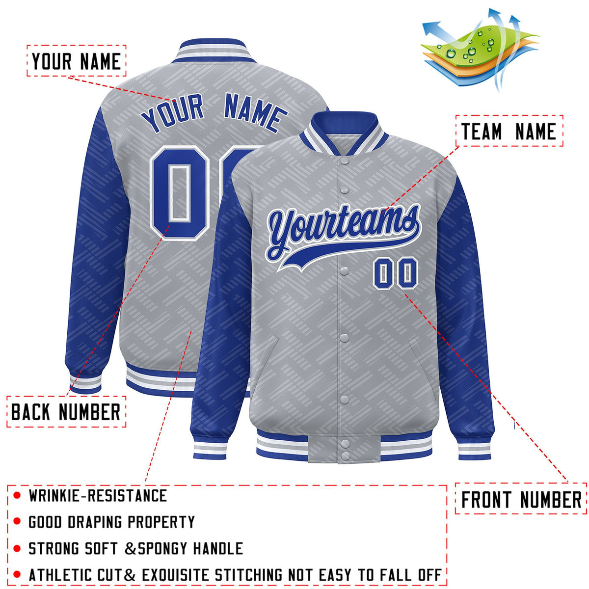 Custom Gray Royal L Pattern Varsity Raglan Sleeves Full-Snap Letterman Baseball Jacket