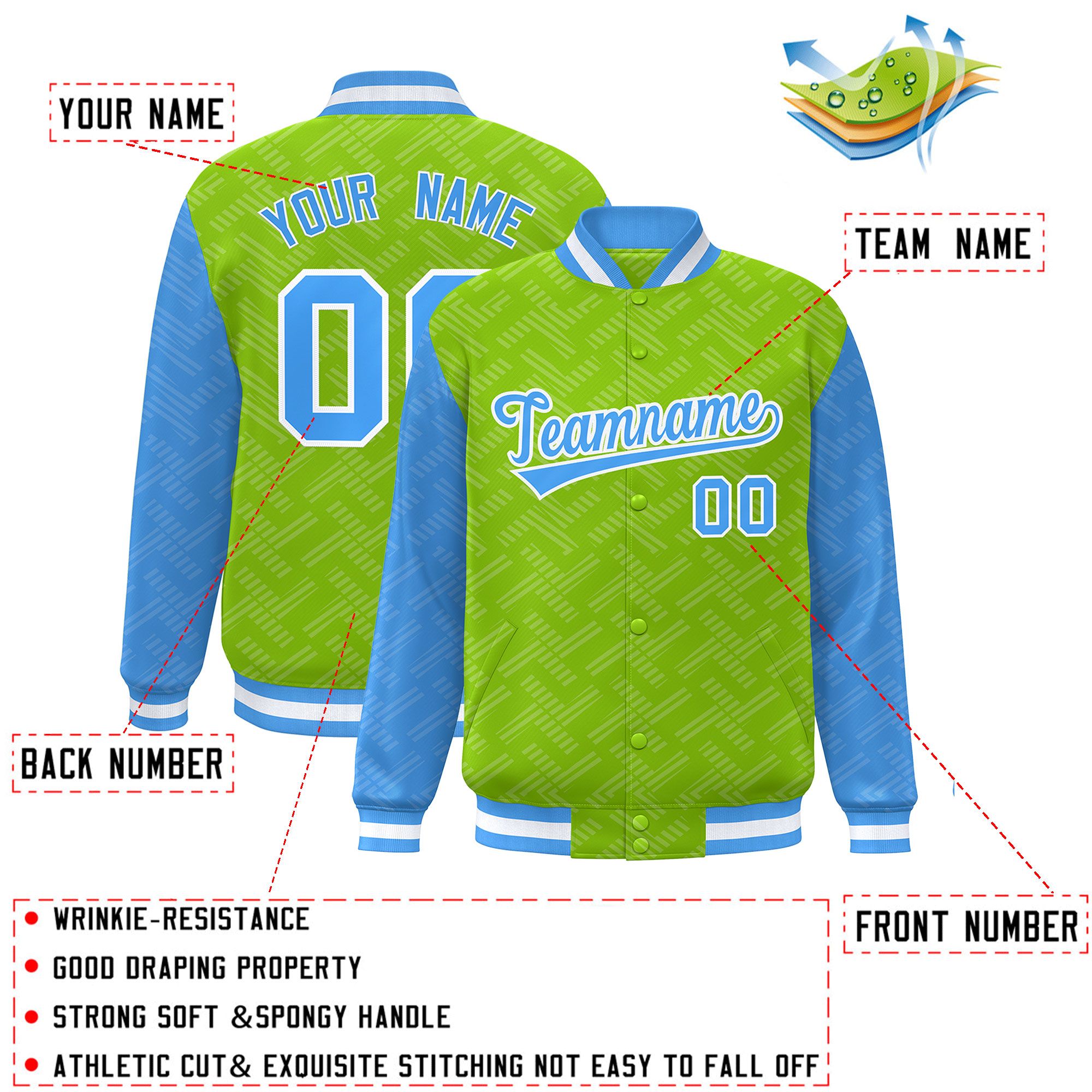 Custom Neon Green Powder Blue L Pattern Varsity Raglan Sleeves Full-Snap Letterman Baseball Jacket