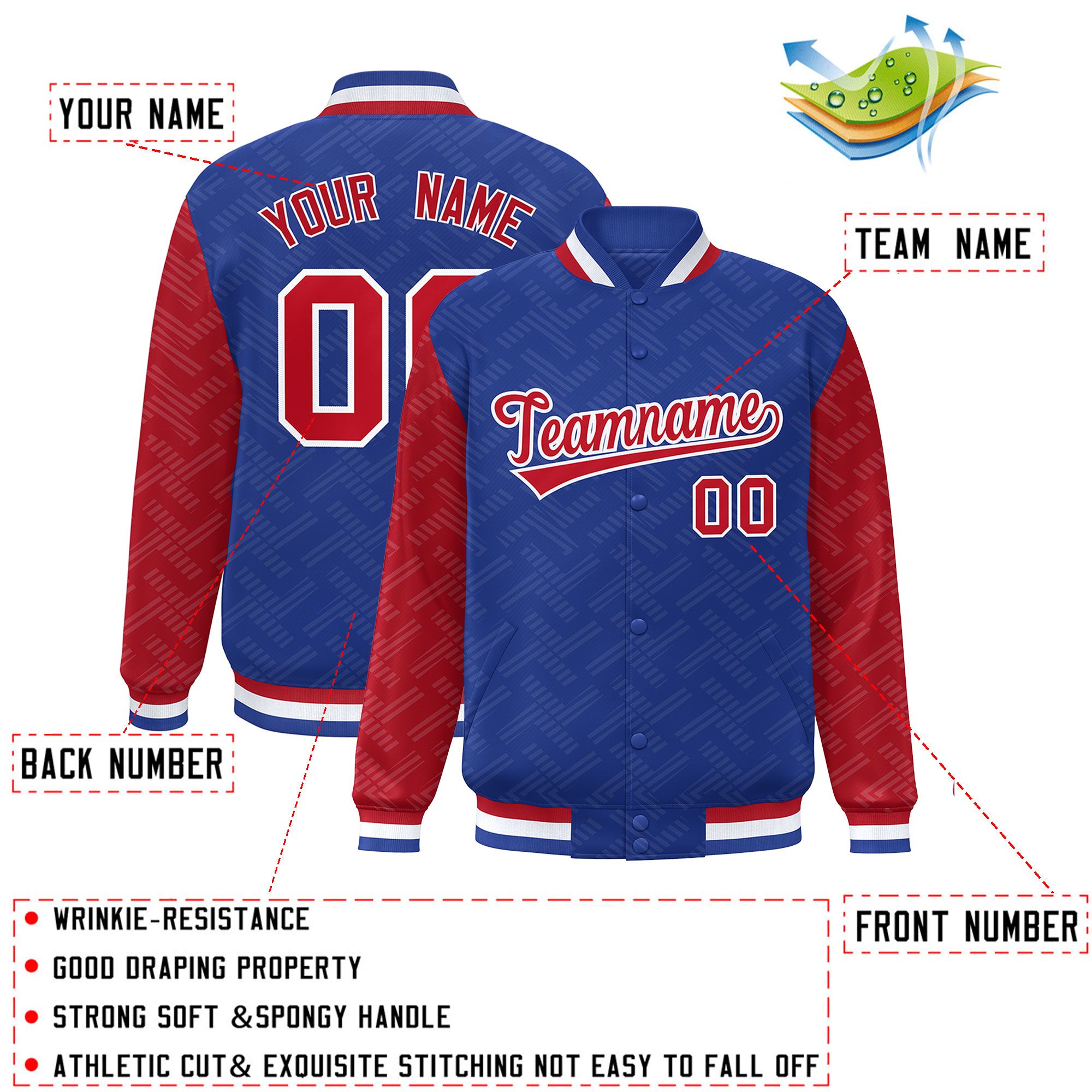 Custom Royal Red L Pattern Varsity Raglan Sleeves Full-Snap Letterman Baseball Jacket
