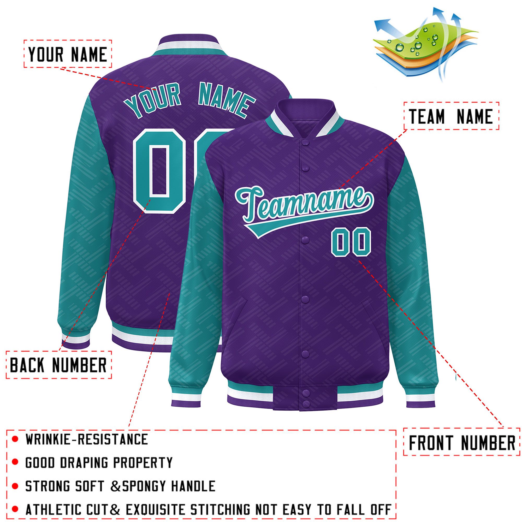 Custom Purple Aqua L Pattern Varsity Raglan Sleeves Full-Snap Letterman Baseball Jacket
