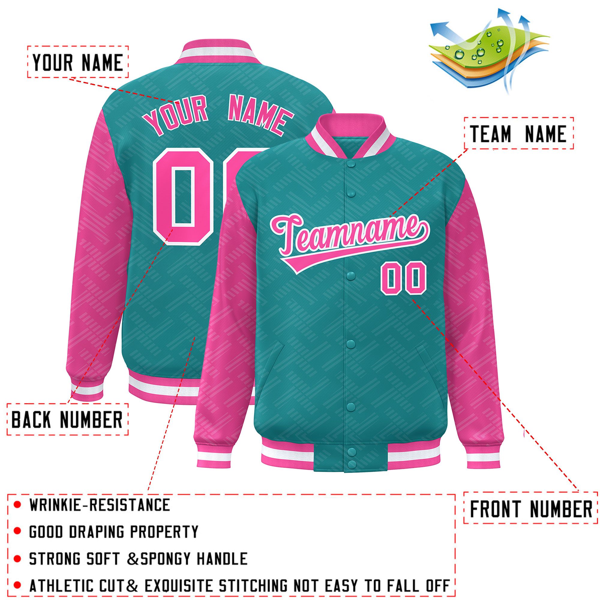 Custom Aqua Pink L Pattern Varsity Raglan Sleeves Full-Snap Letterman Baseball Jacket