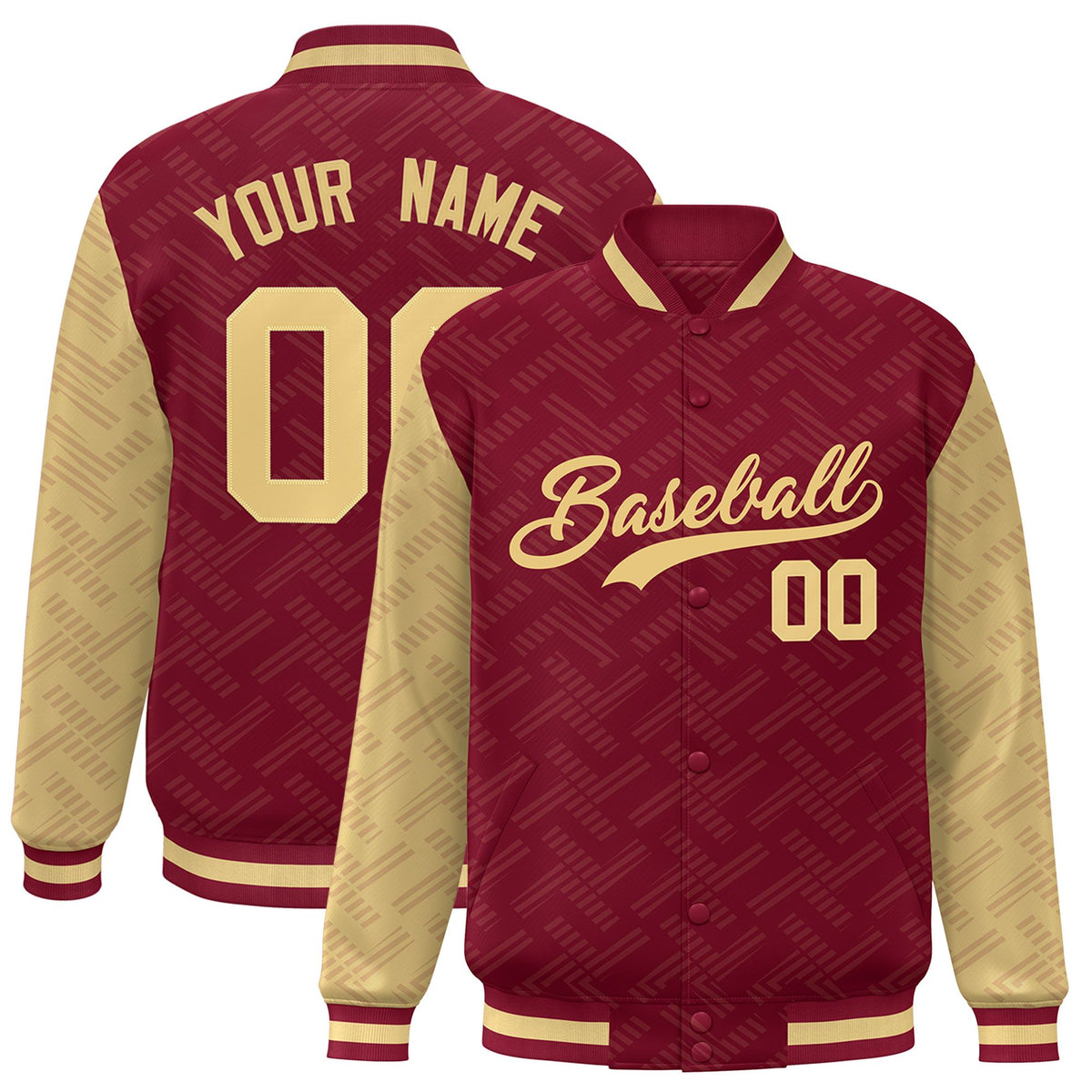 Custom Crimson Khaki L Pattern Varsity Raglan Sleeves Full-Snap Letterman Baseball Jacket
