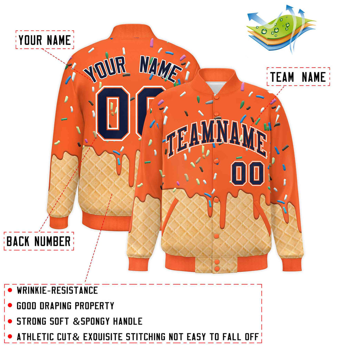 Custom Orange Ice Cream Cone Graffiti Pattern Full-Snap Varsity Letterman Jackets