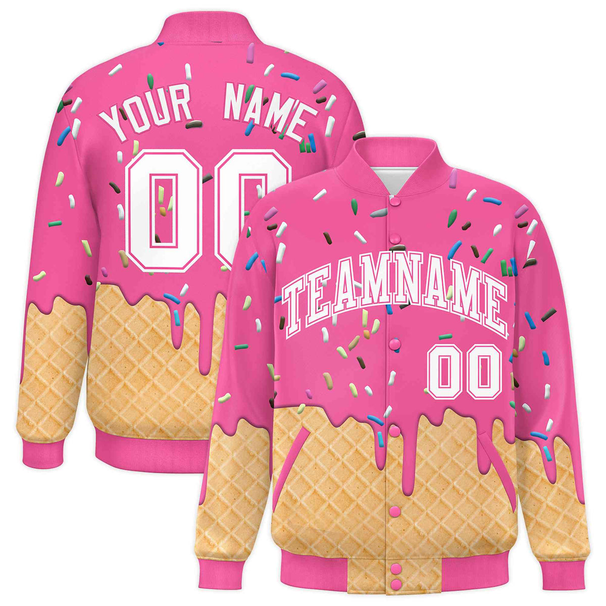 Custom Pink Ice Cream Cone Graffiti Pattern Full-Snap Varsity Letterman Jackets