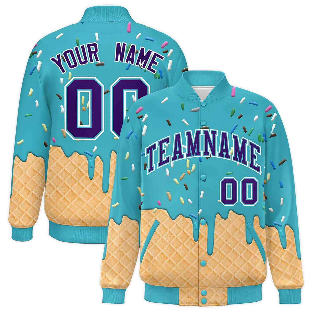 Custom Sky Blue Ice Cream Cone Graffiti Pattern Full-Snap Varsity Letterman Jackets