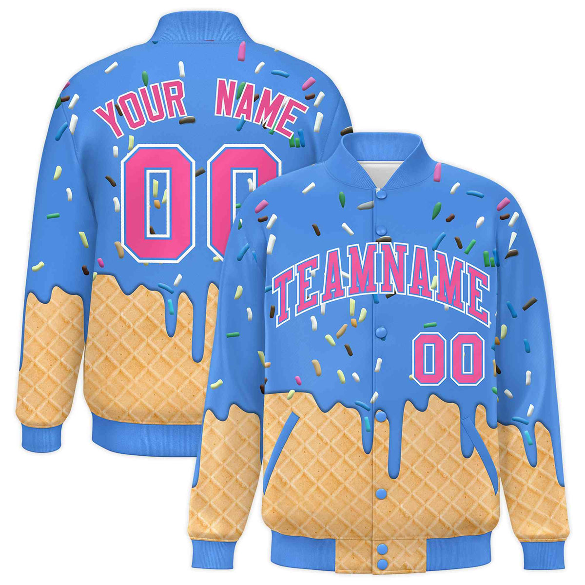 Custom Powder Blue Ice Cream Cone Graffiti Pattern Full-Snap Varsity Letterman Jackets