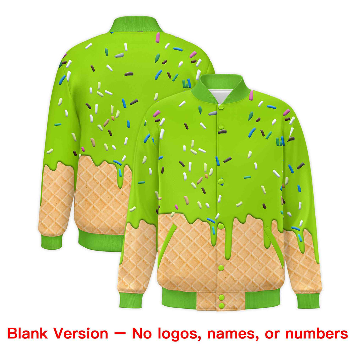 Custom Neon Green Ice Cream Cone Graffiti Pattern Full-Snap Varsity Letterman Jackets