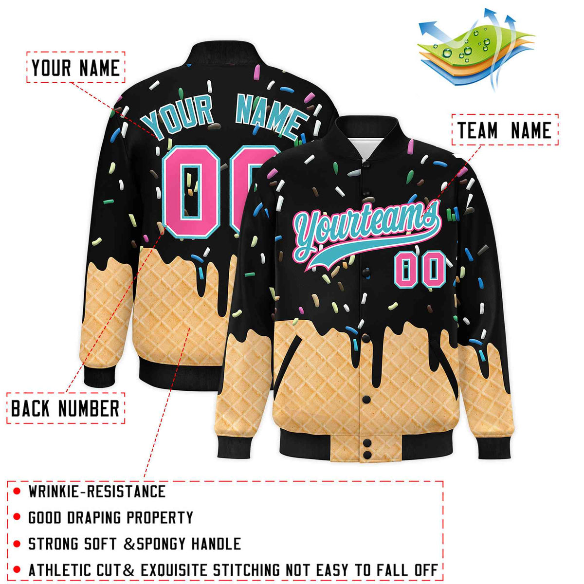Custom Black Ice Cream Cone Graffiti Pattern Full-Snap Varsity Letterman Jackets