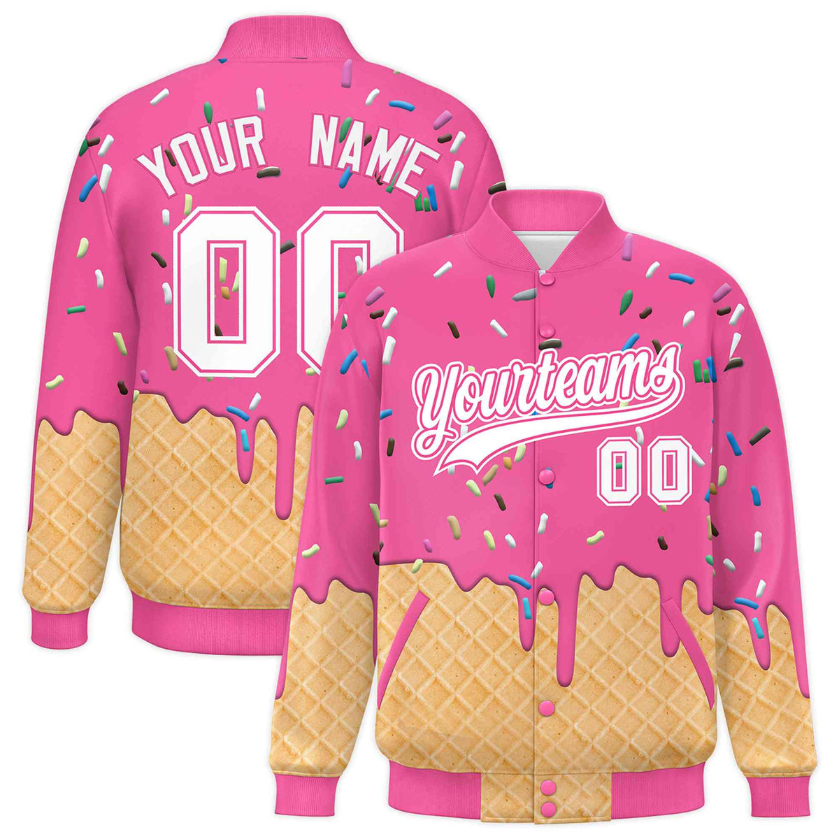 Custom Pink Ice Cream Cone Graffiti Pattern Full-Snap Varsity Letterman Jackets