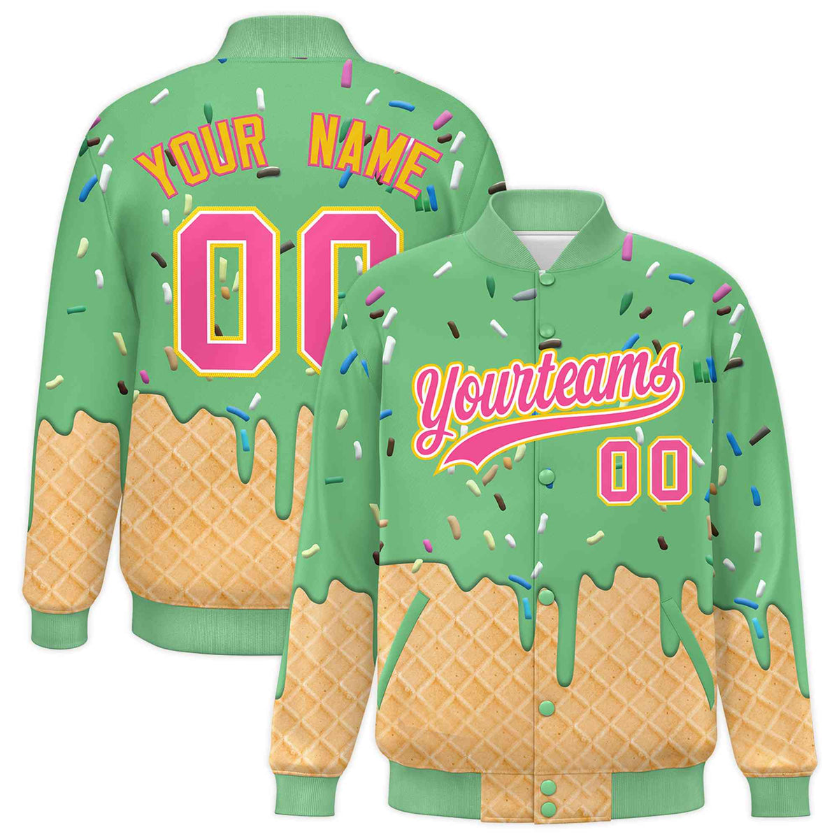 Custom Neon Green Ice Cream Cone Graffiti Pattern Full-Snap Varsity Letterman Jackets