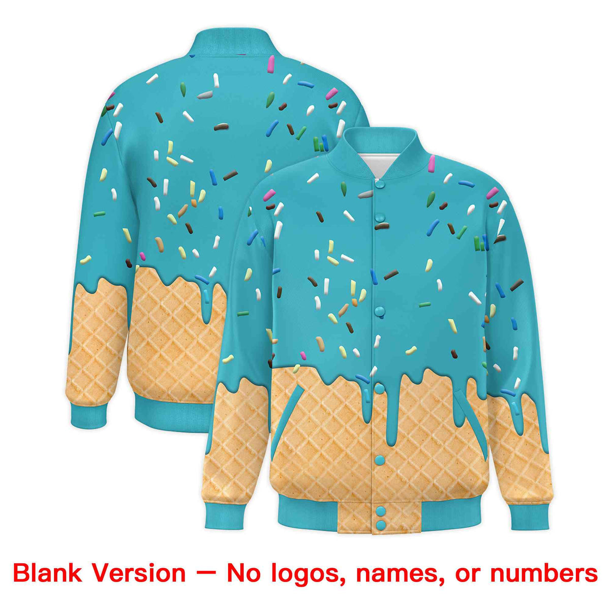 Custom Sky Blue Ice Cream Cone Graffiti Pattern Full-Snap Varsity Letterman Jackets