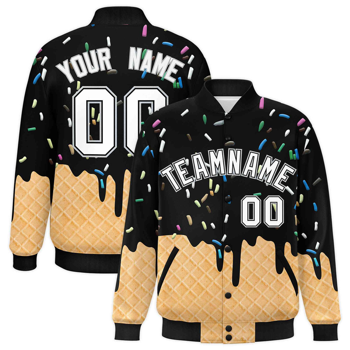 Custom Black Ice Cream Cone Graffiti Pattern Full-Snap Varsity Letterman Jackets