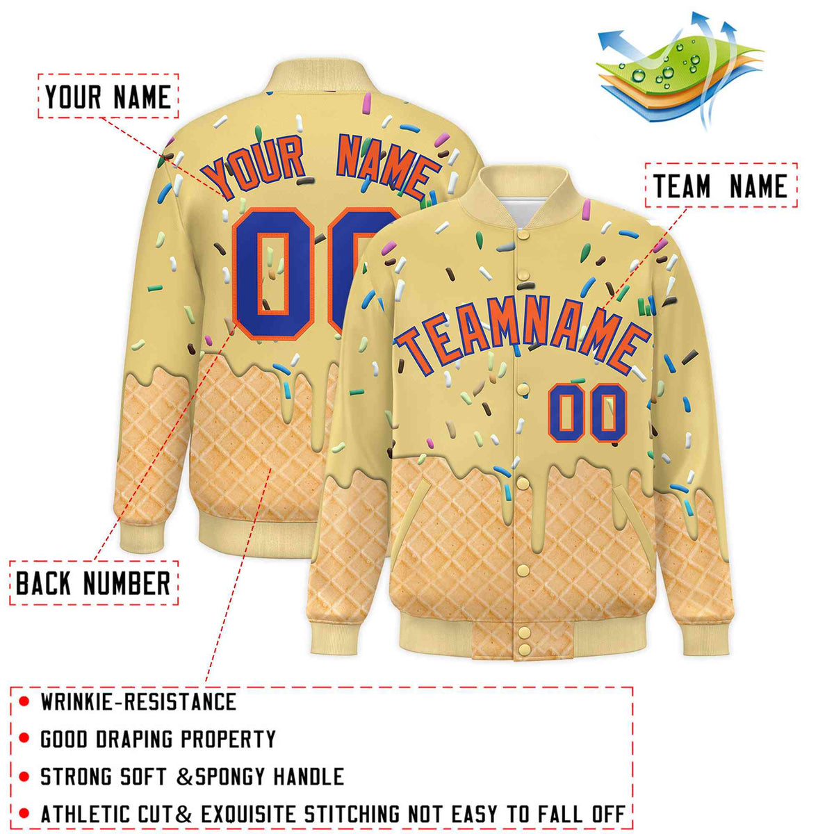Custom Khaki Ice Cream Cone Graffiti Pattern Full-Snap Varsity Letterman Jackets