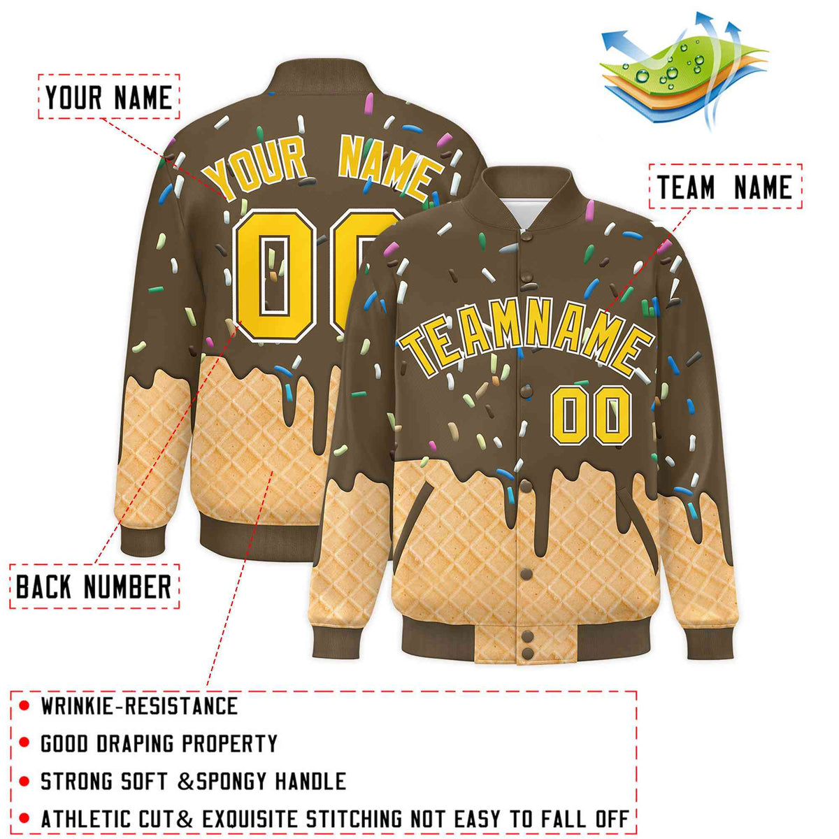 Custom Light Brown Ice Cream Cone Graffiti Pattern Full-Snap Varsity Letterman Jackets