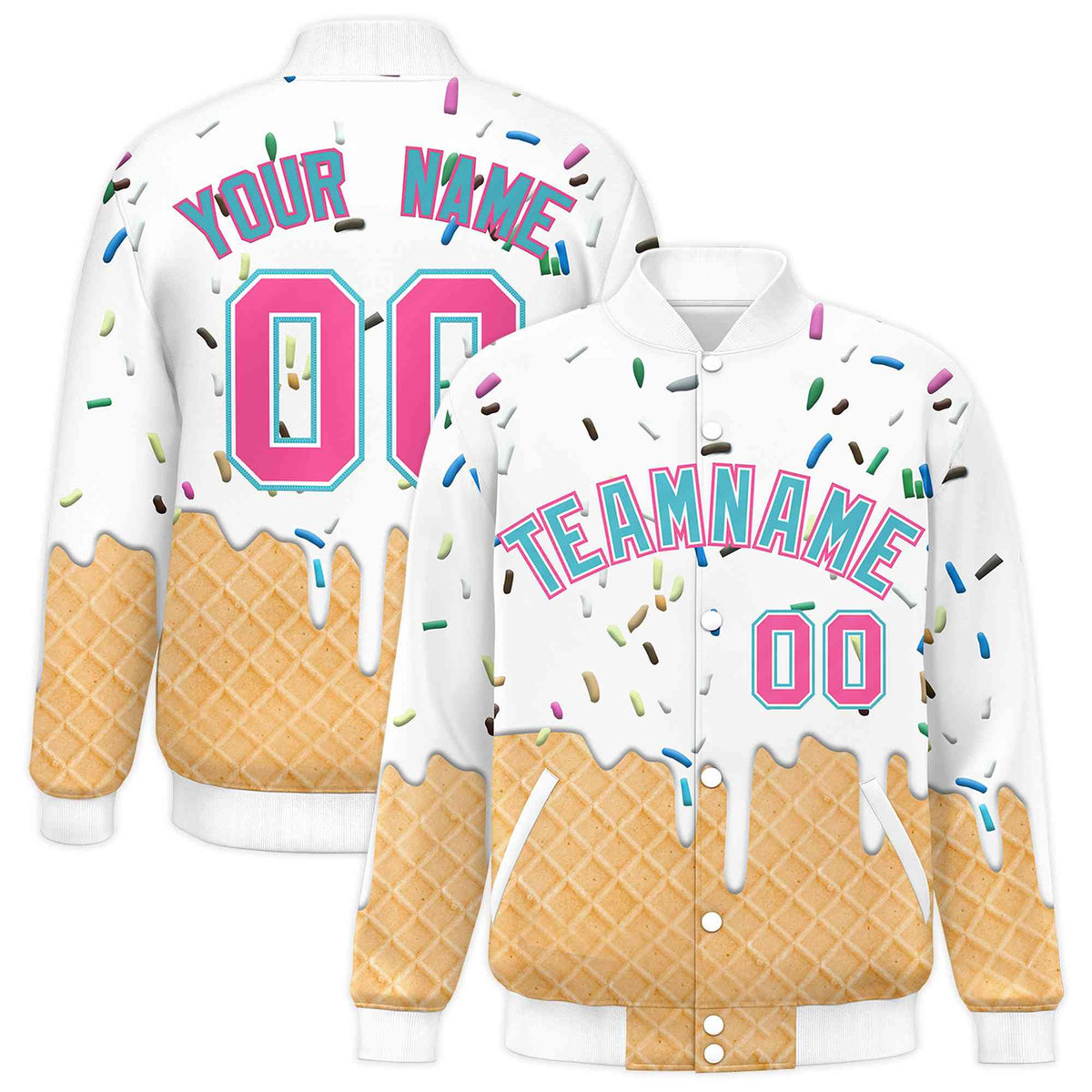 Custom White Ice Cream Cone Graffiti Pattern Full-Snap Varsity Letterman Jackets