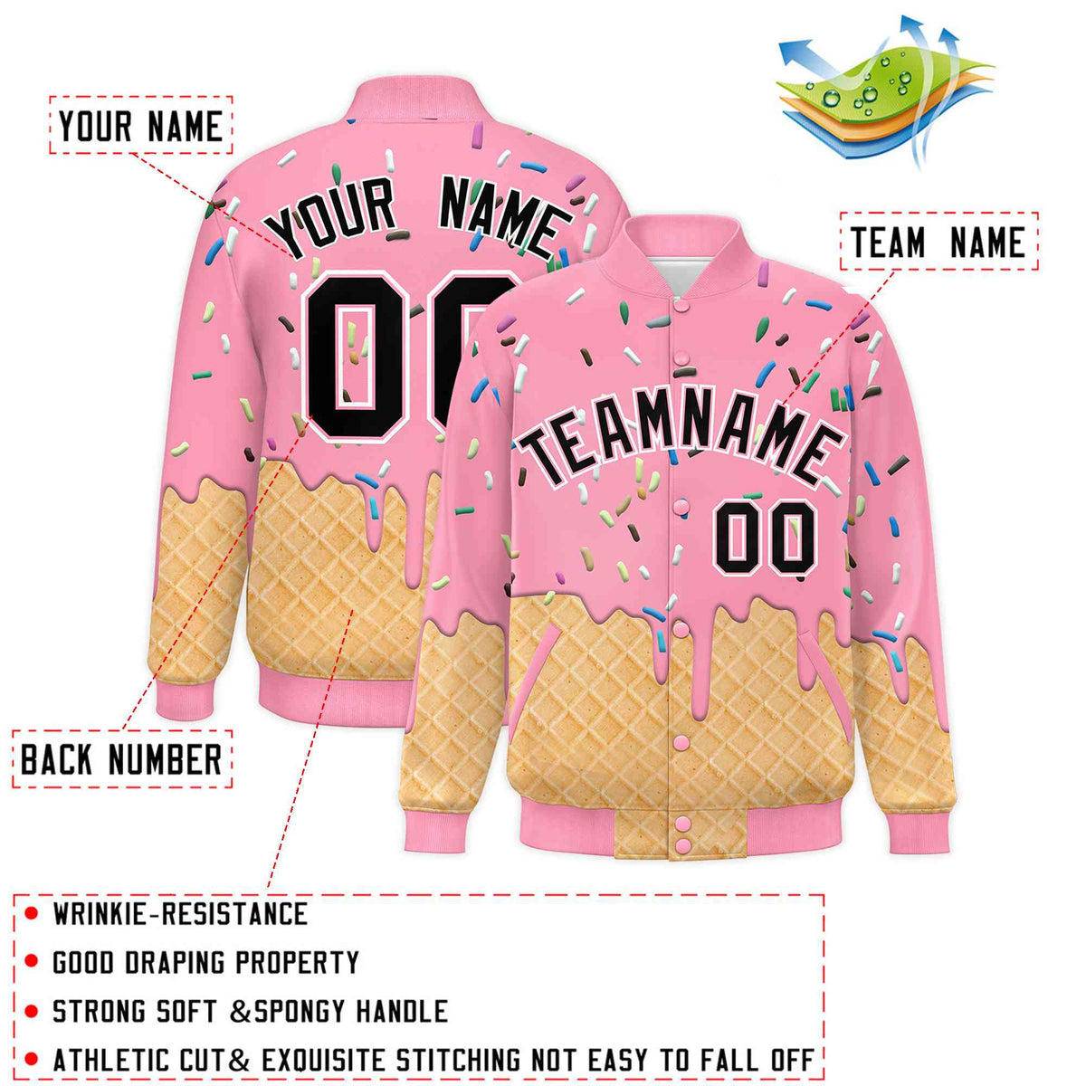 Custom Light Pink Ice Cream Cone Graffiti Pattern Full-Snap Varsity Letterman Jackets