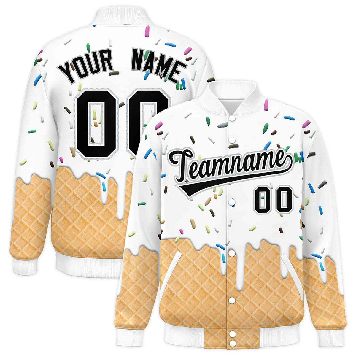 Custom White Ice Cream Cone Graffiti Pattern Full-Snap Varsity Letterman Jackets| KXKSHOP
