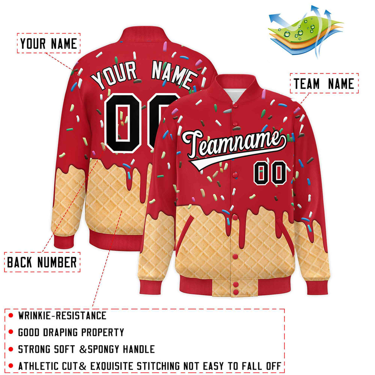 Custom Red Ice Cream Cone Graffiti Pattern Full-Snap Varsity Letterman Jackets| KXKSHOP