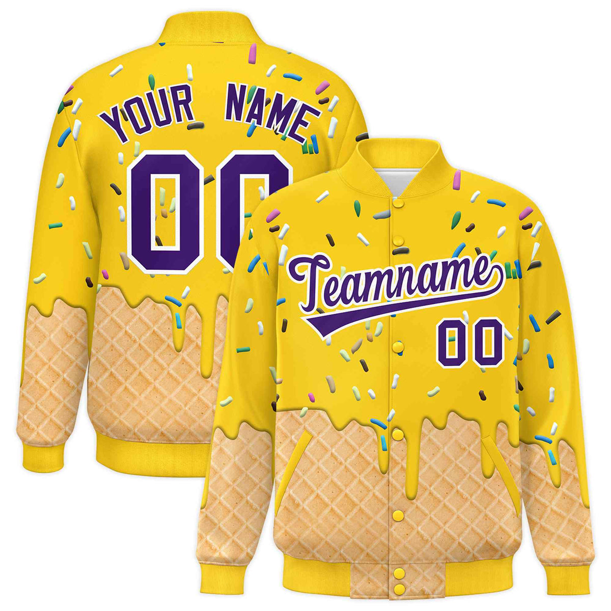 Custom Gold Ice Cream Cone Graffiti Pattern Full-Snap Varsity Letterman Jackets| KXKSHOP