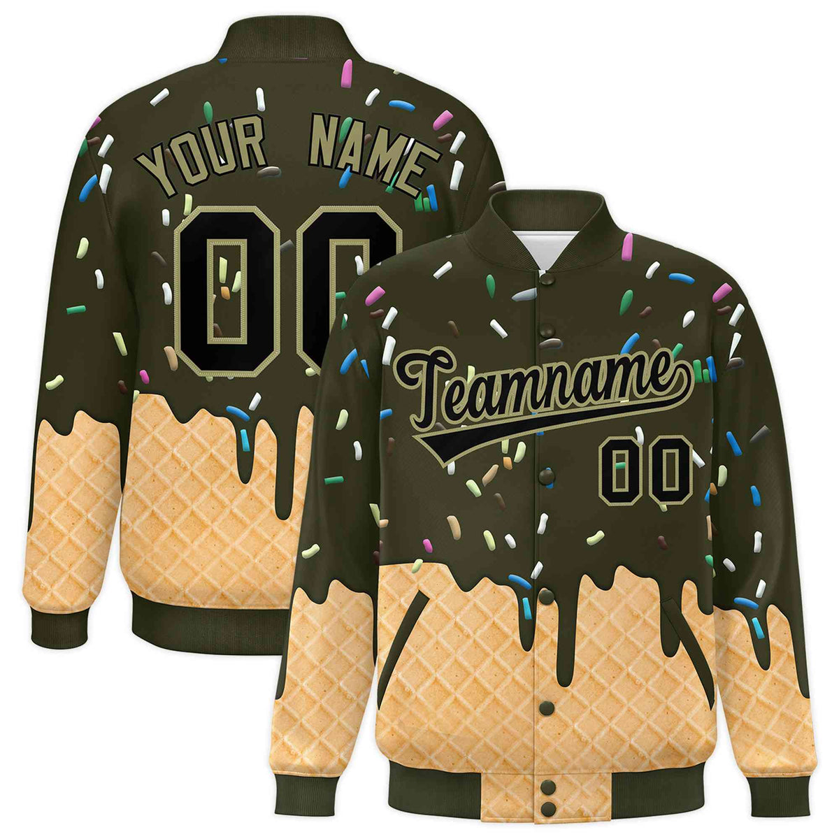 Custom Olive Ice Cream Cone Graffiti Pattern Full-Snap Varsity Letterman Jackets| KXKSHOP