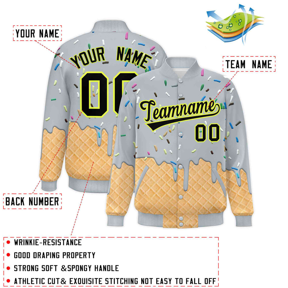 Custom Silver Ice Cream Cone Graffiti Pattern Full-Snap Varsity Letterman Jackets| KXKSHOP