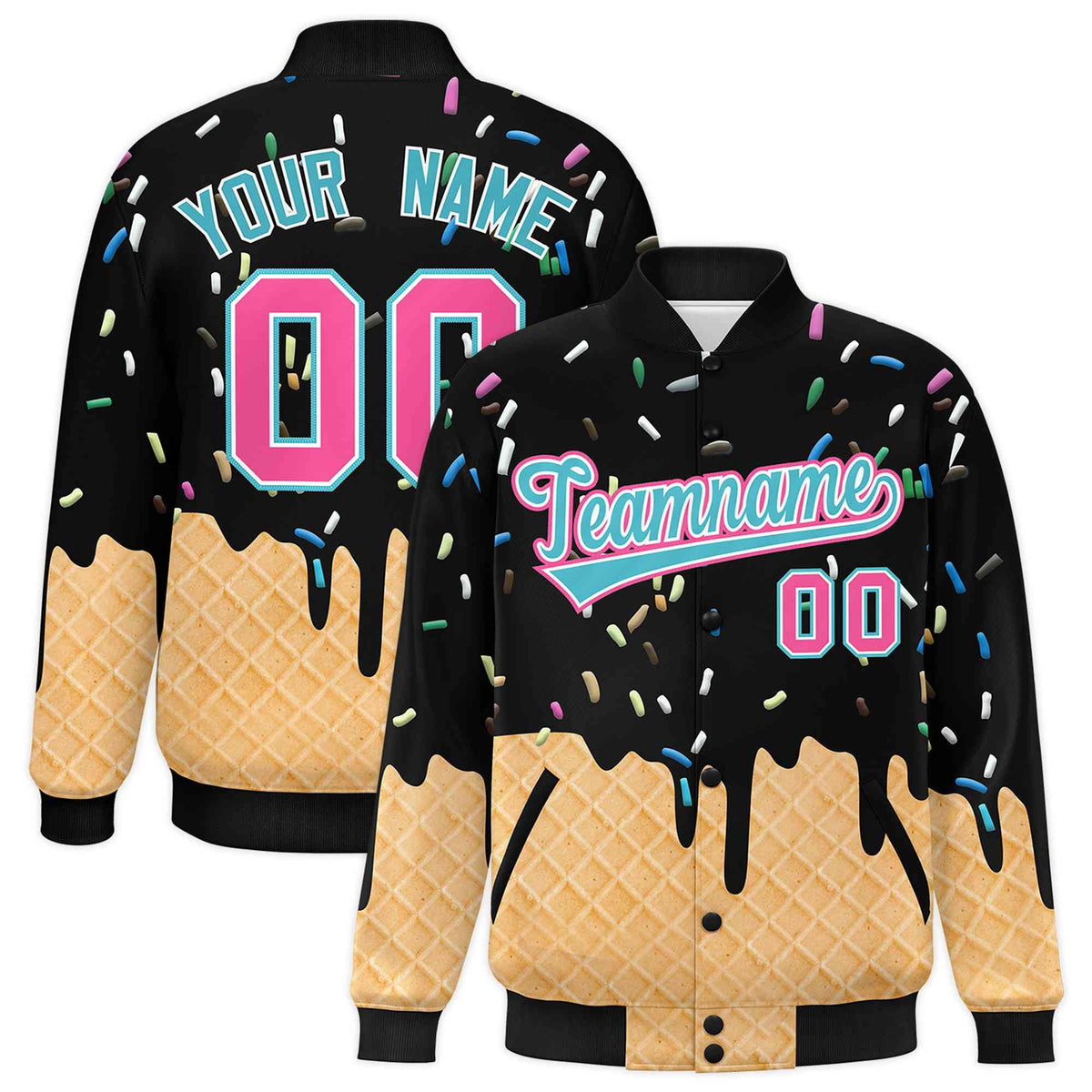 Custom Black Ice Cream Cone Graffiti Pattern Full-Snap Varsity Letterman Jackets| KXKSHOP