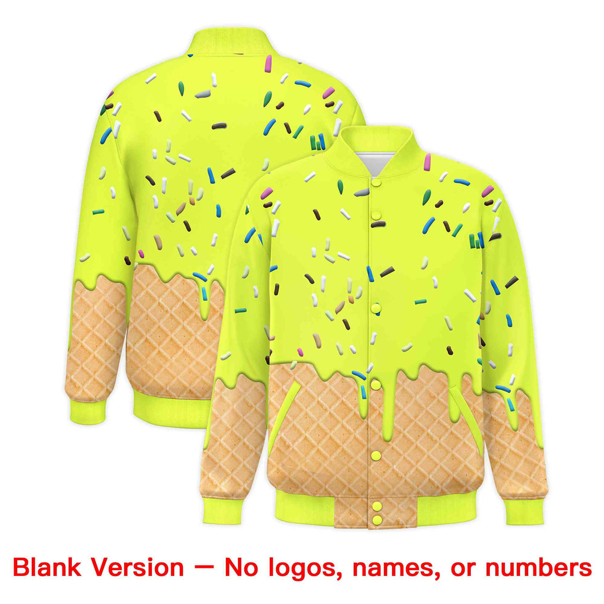Custom Fluorescent Green Ice Cream Cone Graffiti Pattern Full-Snap Varsity Letterman Jackets| KXKSHOP