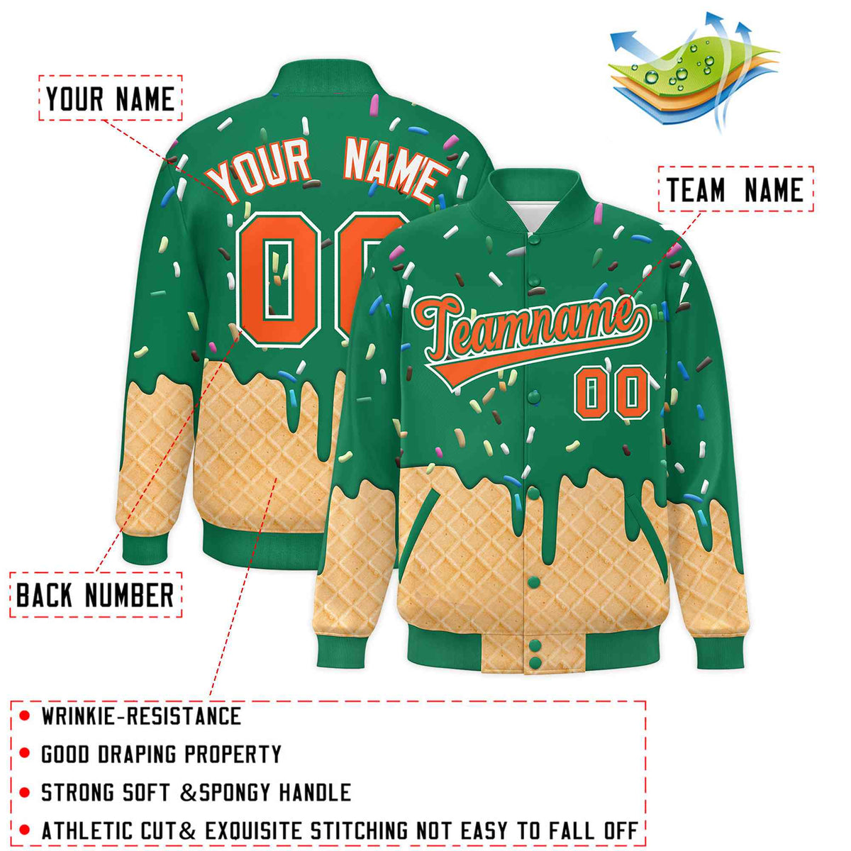 Custom Kelly Green Ice Cream Cone Graffiti Pattern Full-Snap Varsity Letterman Jackets| KXKSHOP