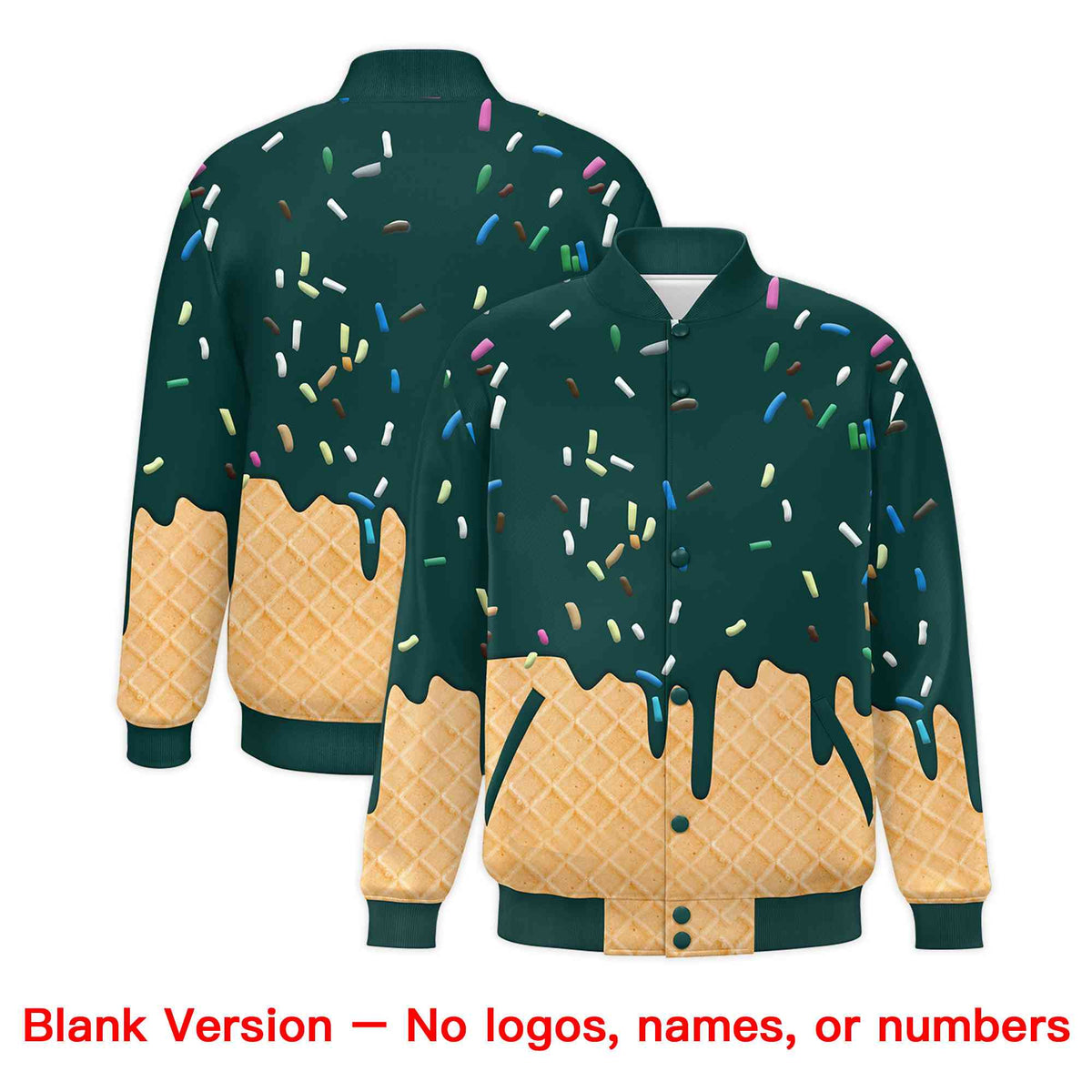 Custom Midnight Green Ice Cream Cone Graffiti Pattern Full-Snap Varsity Letterman Jackets| KXKSHOP