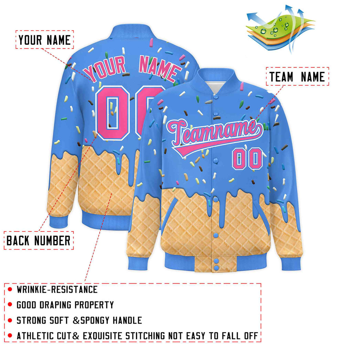 Custom Powder Blue Ice Cream Cone Graffiti Pattern Full-Snap Varsity Letterman Jackets| KXKSHOP