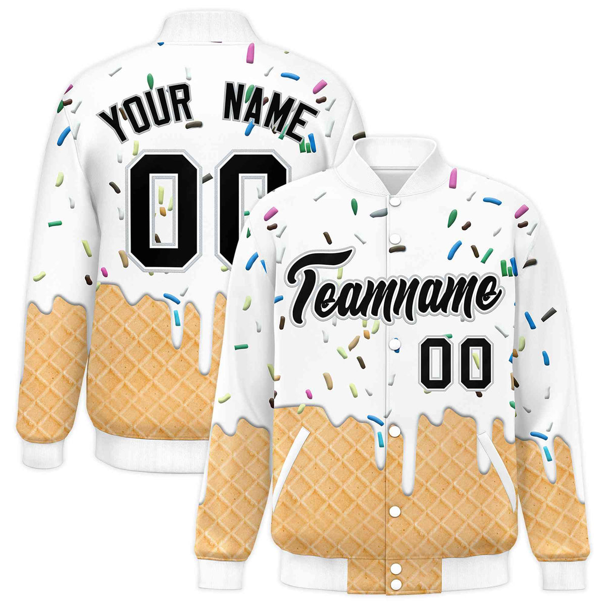 Custom White Ice Cream Cone Graffiti Pattern Full-Snap Varsity Letterman Jackets